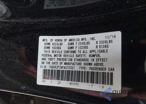 2015 Honda Accord Lx из США, поврежденный, VIN 1HGCR2F38FA073301